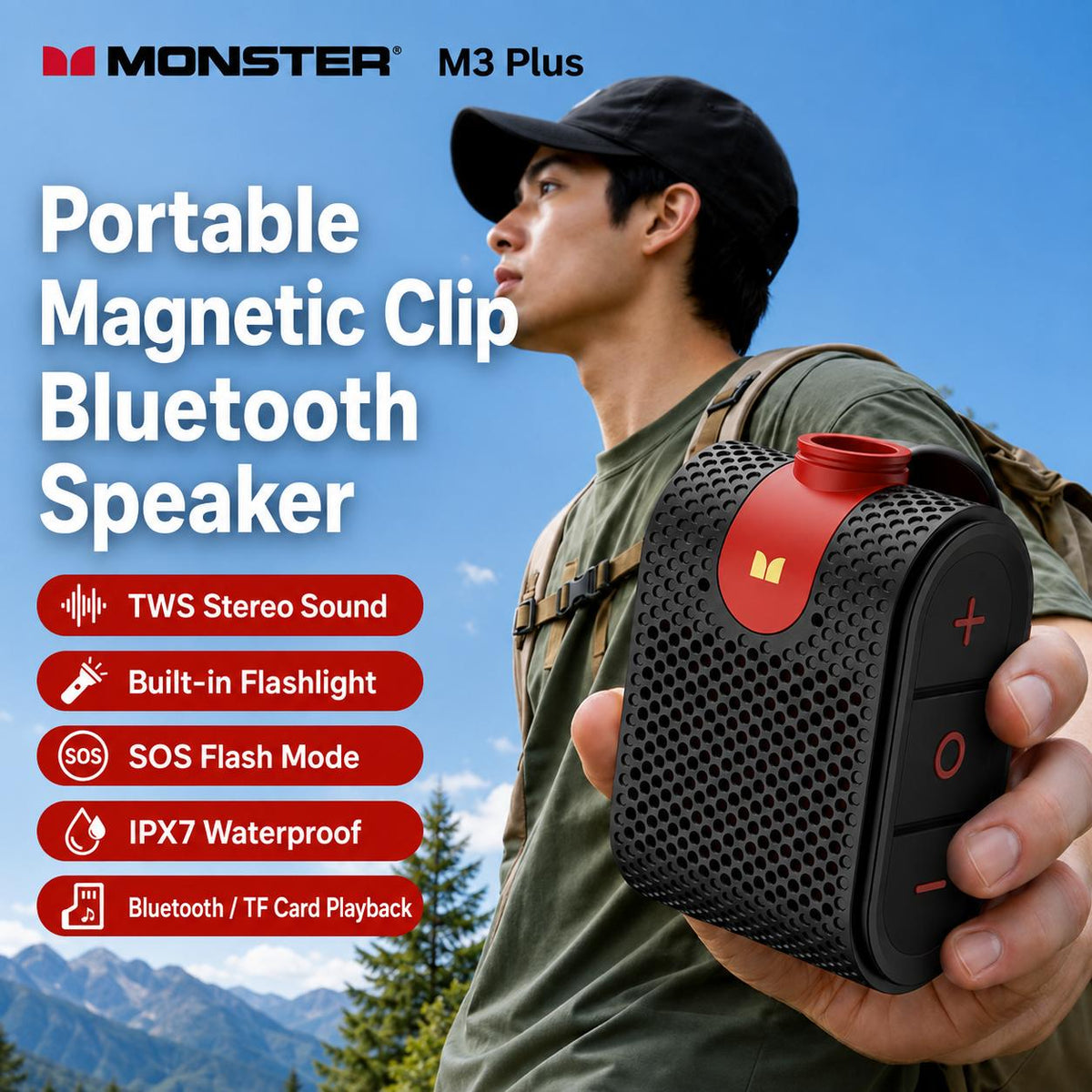 Monster M3 Plus Portable Bluetooth Speaker - Bluetooth 6.0, 32W TWS, IPX7, 21H Playtime & SOS Light