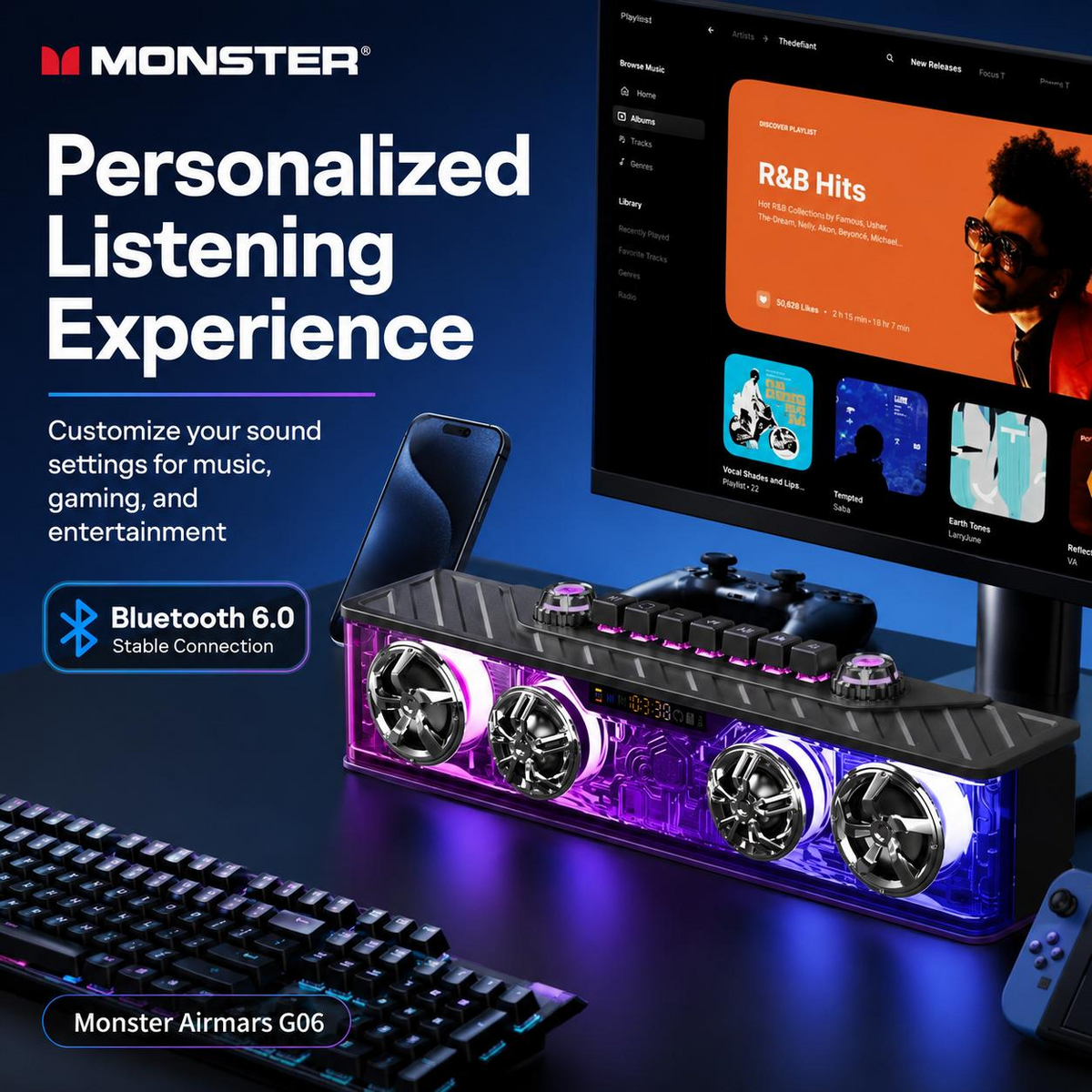Monster Airmars G06 RGB Computer Speaker - Bluetooth 5.3, HiFi Sound, Heavy Bass & 360° Audio
