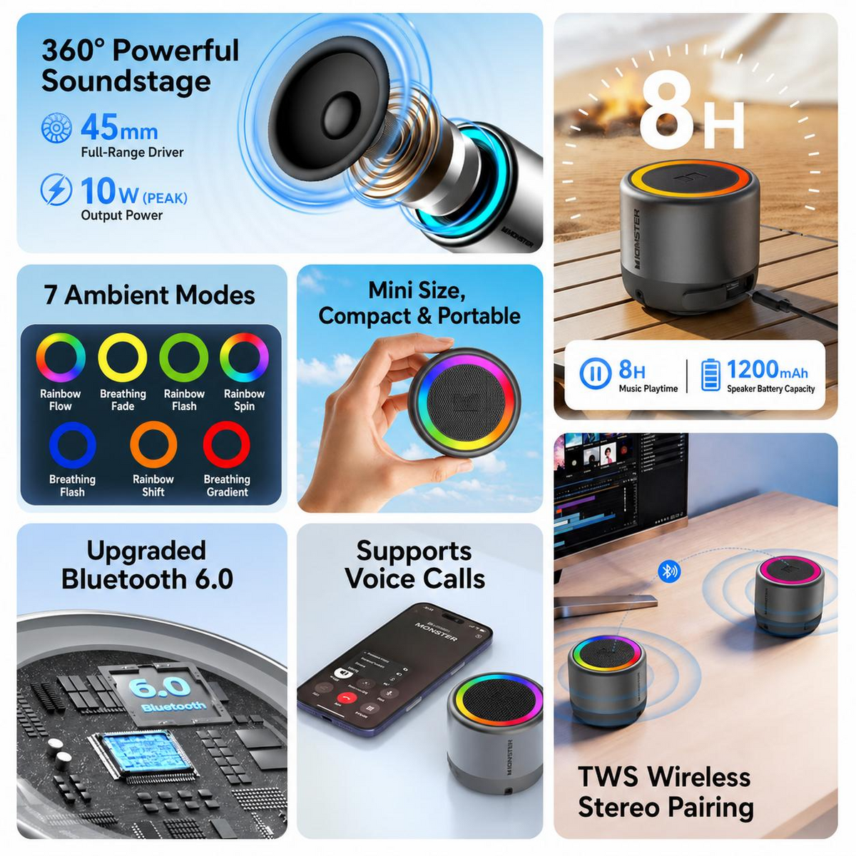 Monster S27 Portable Bluetooth Speaker - 360° Sound, RGB Lights, Bluetooth 6.0 & TWS