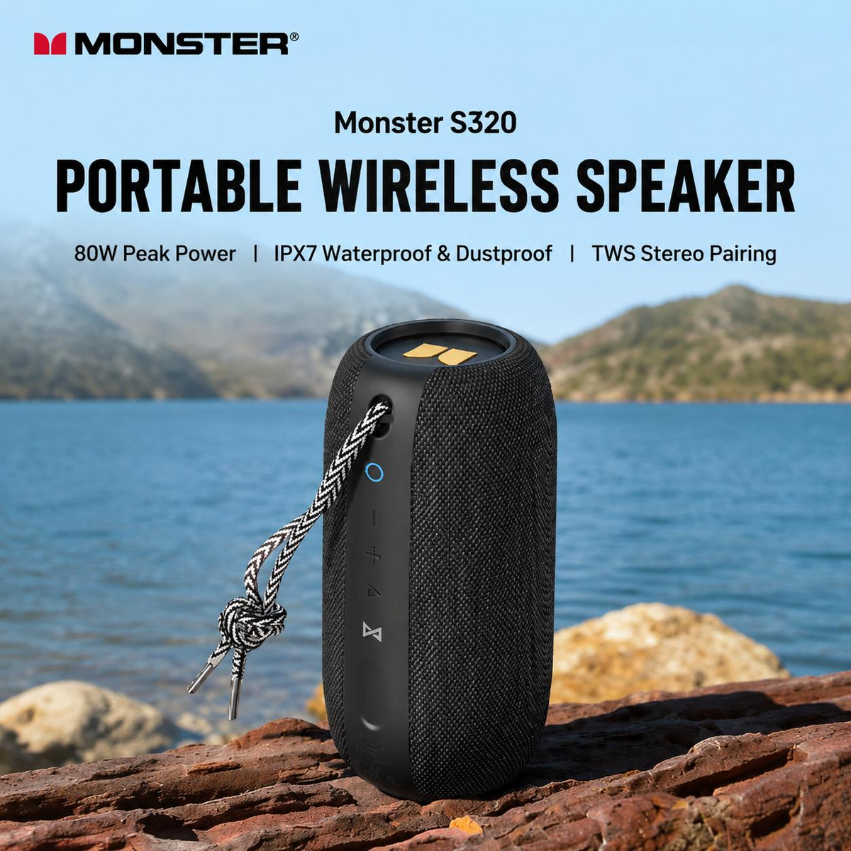 Monster S320 Portable Bluetooth Speaker - 80W Peak, Dual 63mm Drivers, Bluetooth 6.0 & IPX7