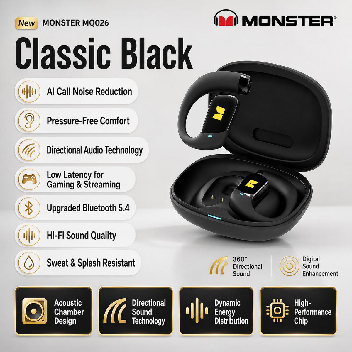 Monster 2-in-1 Open-Ear Wireless Earbuds - Bluetooth 6.0, 100H Playtime, ENC & Detachable Neckband
