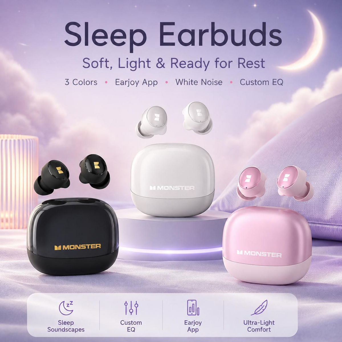 Monster MD21 Sleep Wireless Earbuds - Mini Invisible Design, Earjoy App, White Noise & Custom EQ