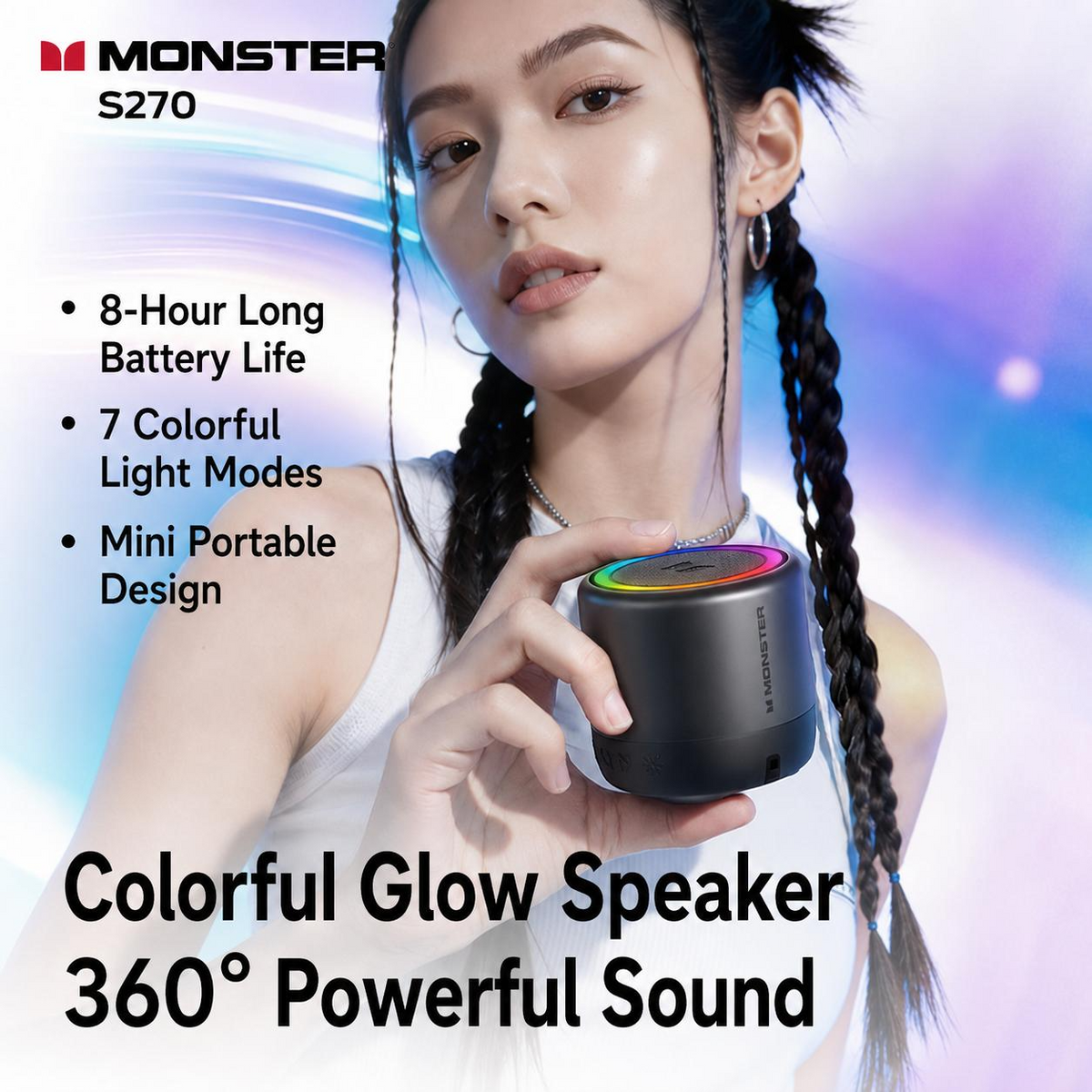 Monster S27 Portable Bluetooth Speaker - 360° Sound, RGB Lights, Bluetooth 6.0 & TWS