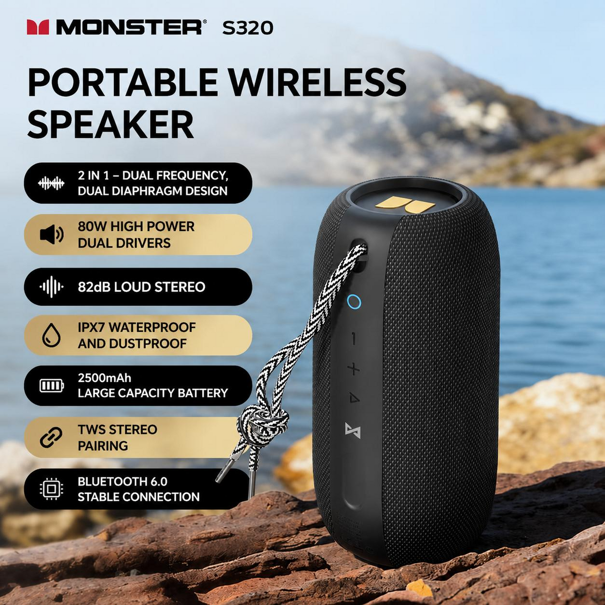 Monster S320 Portable Bluetooth Speaker - 80W Peak, Dual 63mm Drivers, Bluetooth 6.0 & IPX7