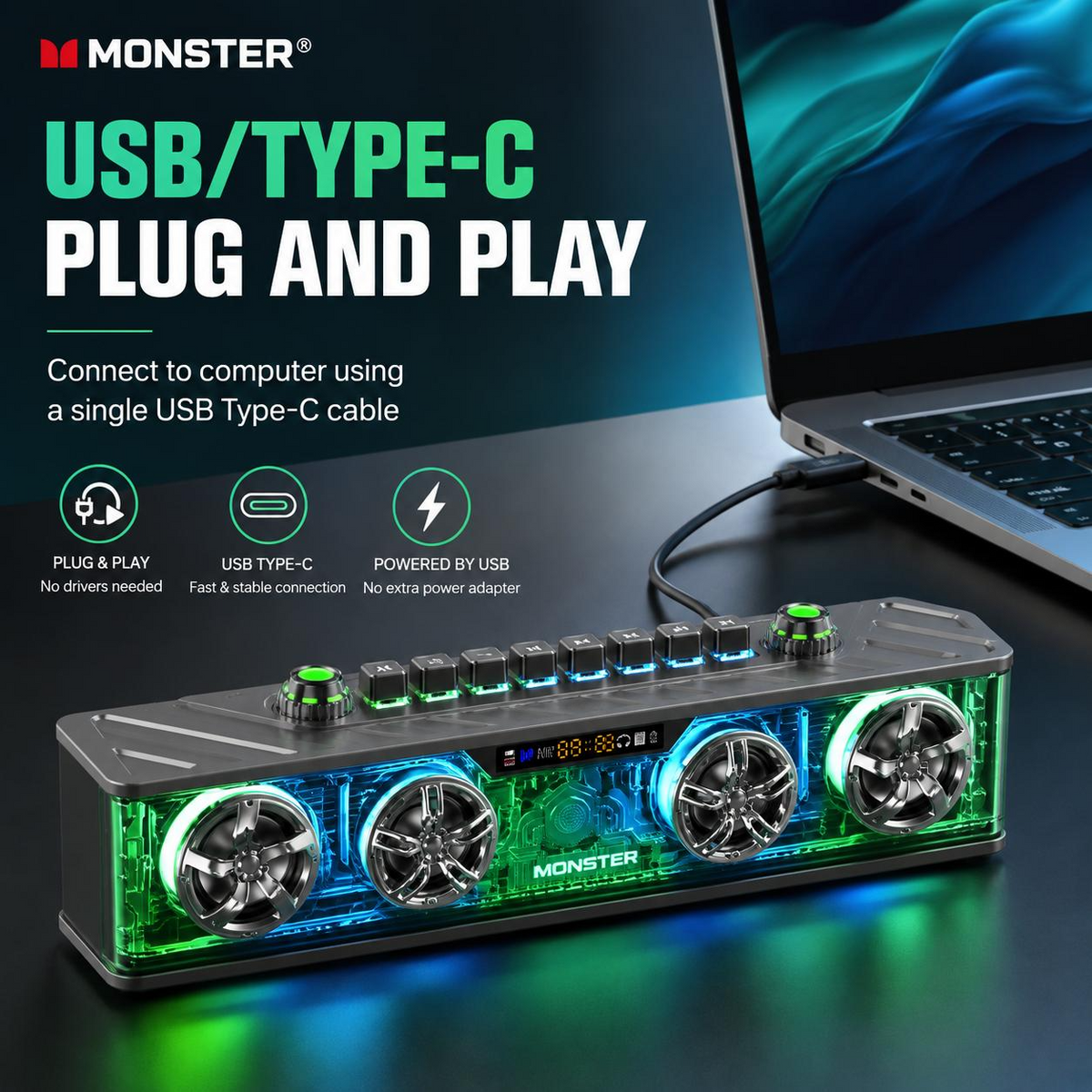 Monster Airmars G06 RGB Computer Speaker - Bluetooth 5.3, HiFi Sound, Heavy Bass & 360° Audio