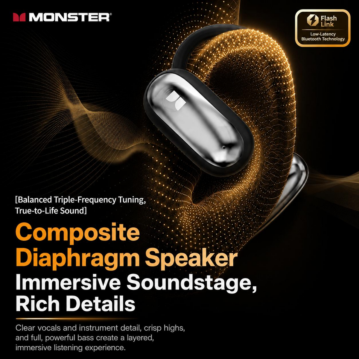 Monster MD16 Open-Ear Wireless Earbuds - Bluetooth 6.0, 30H Playtime, ENC & IPX5