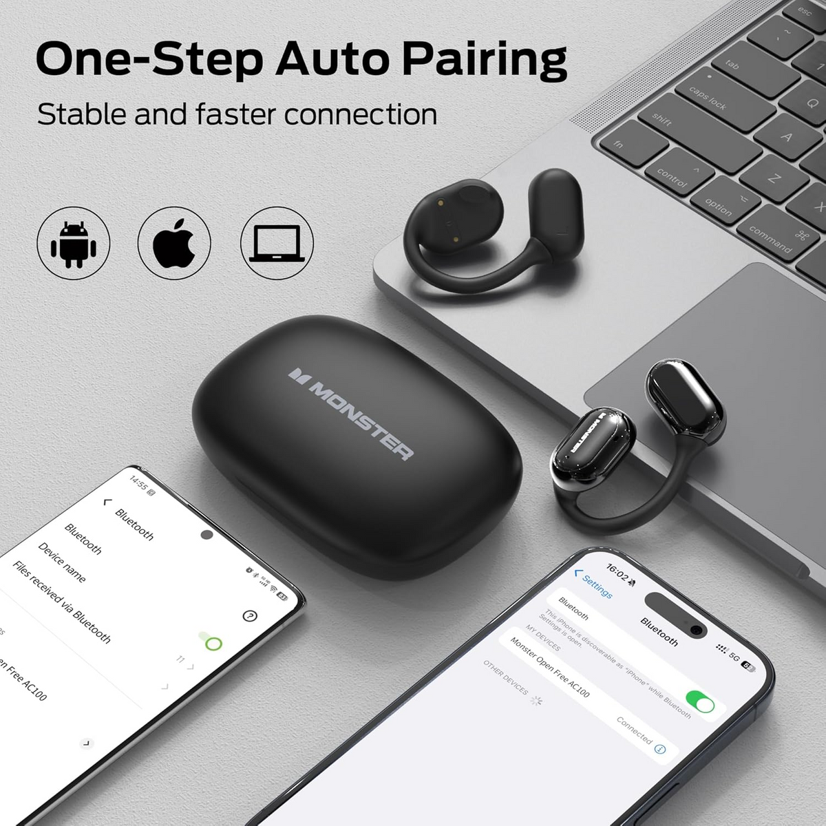 Monster Open Free AC100 Open-Ear Wireless Earbuds - Bluetooth 5.3, 16mm Drivers, AI Noise Cancellation & 30H Playtime