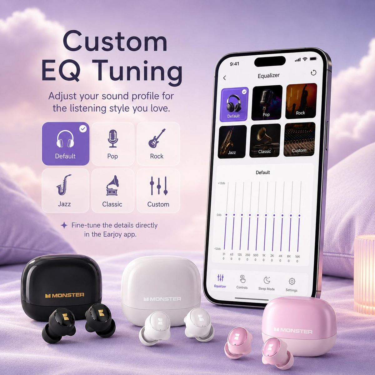 Monster MD21 Sleep Wireless Earbuds - Mini Invisible Design, Earjoy App, White Noise & Custom EQ