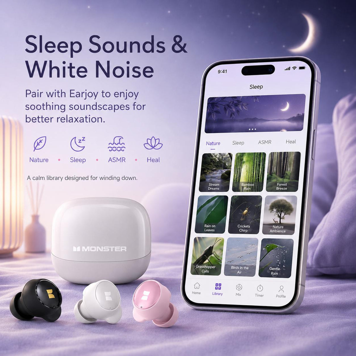Monster MD21 Sleep Wireless Earbuds - Mini Invisible Design, Earjoy App, White Noise & Custom EQ