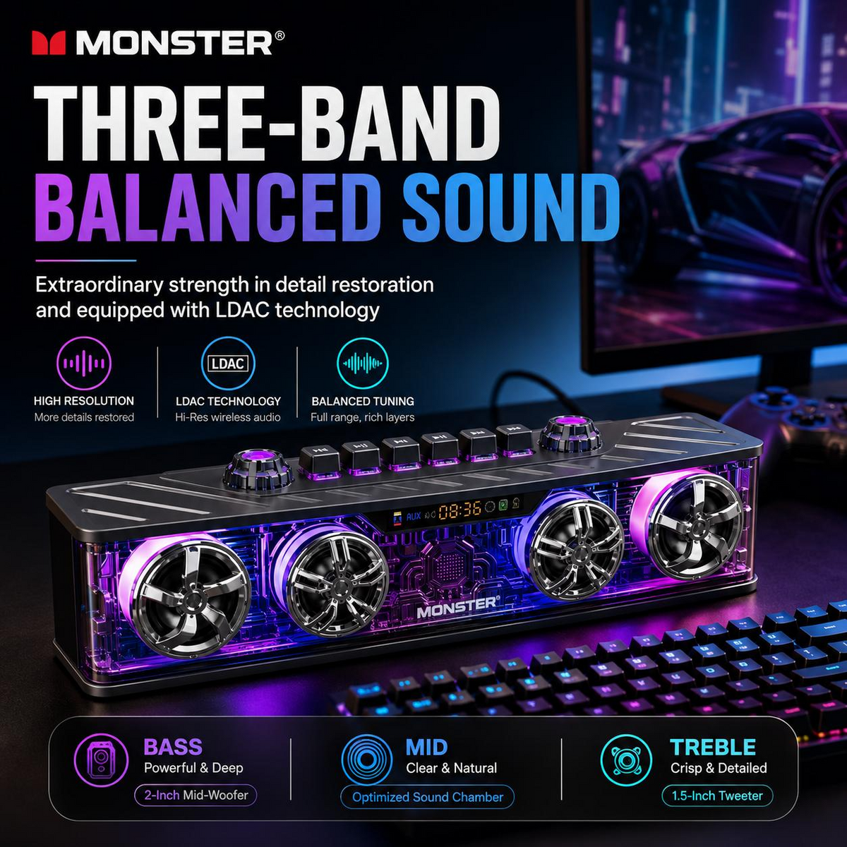 Monster Airmars G06 RGB Computer Speaker - Bluetooth 5.3, HiFi Sound, Heavy Bass & 360° Audio