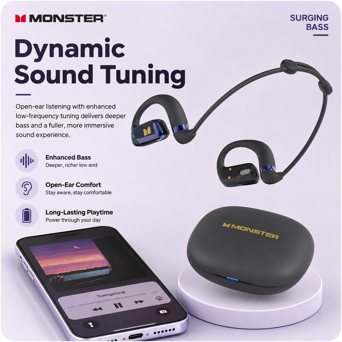 Monster 2-in-1 Open-Ear Wireless Earbuds - Bluetooth 6.0, 100H Playtime, ENC & Detachable Neckband