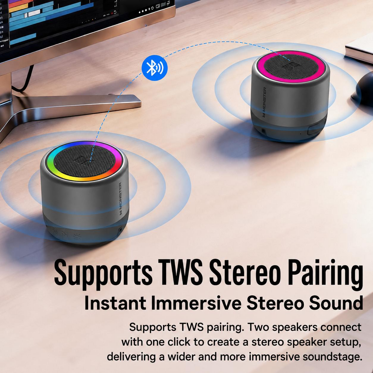 Monster S27 Portable Bluetooth Speaker - 360° Sound, RGB Lights, Bluetooth 6.0 & TWS