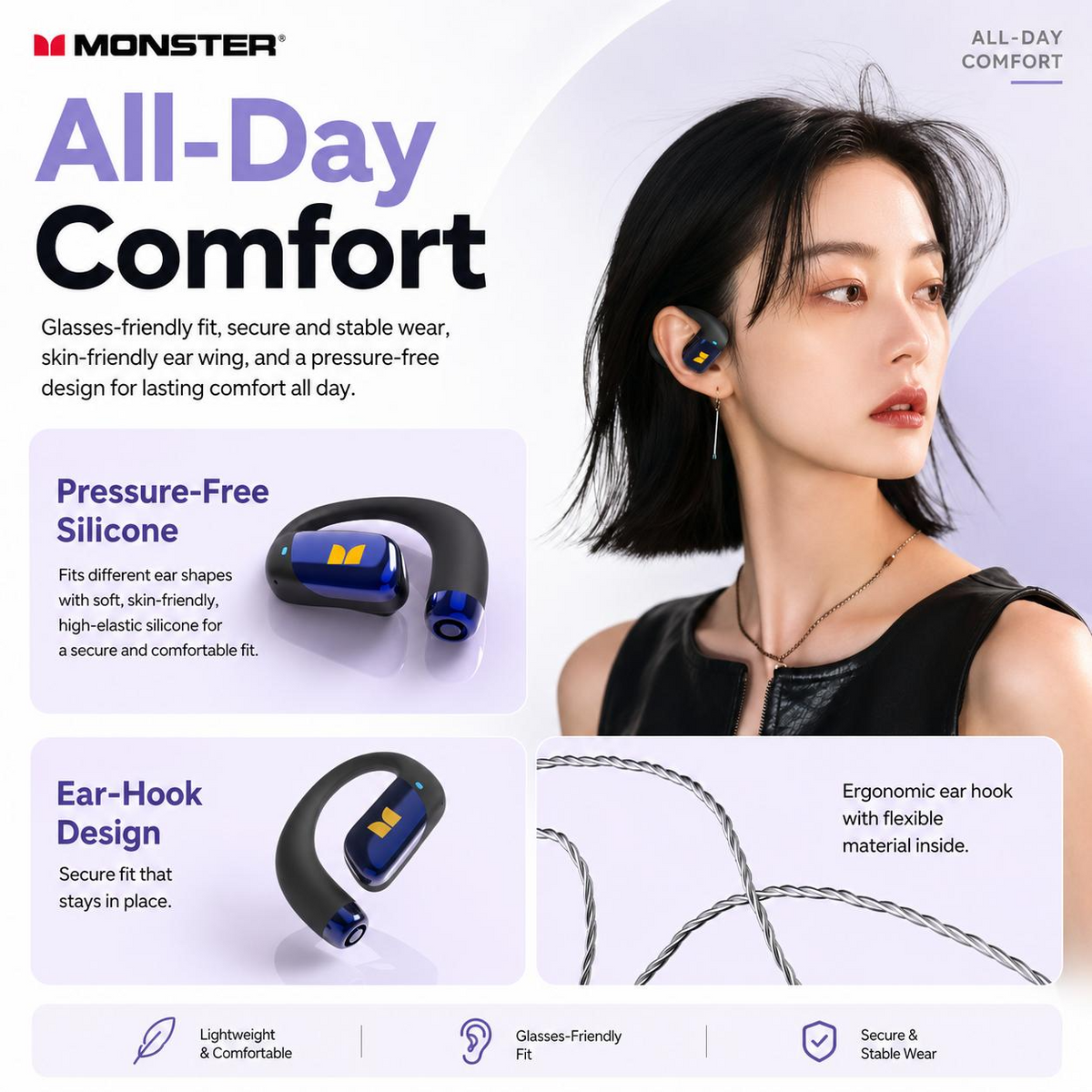 Monster 2-in-1 Open-Ear Wireless Earbuds - Bluetooth 6.0, 100H Playtime, ENC & Detachable Neckband