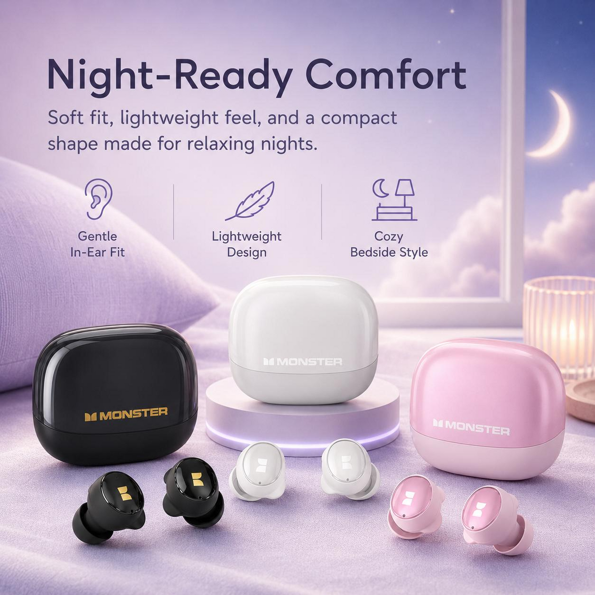 Monster MD21 Sleep Wireless Earbuds - Mini Invisible Design, Earjoy App, White Noise & Custom EQ