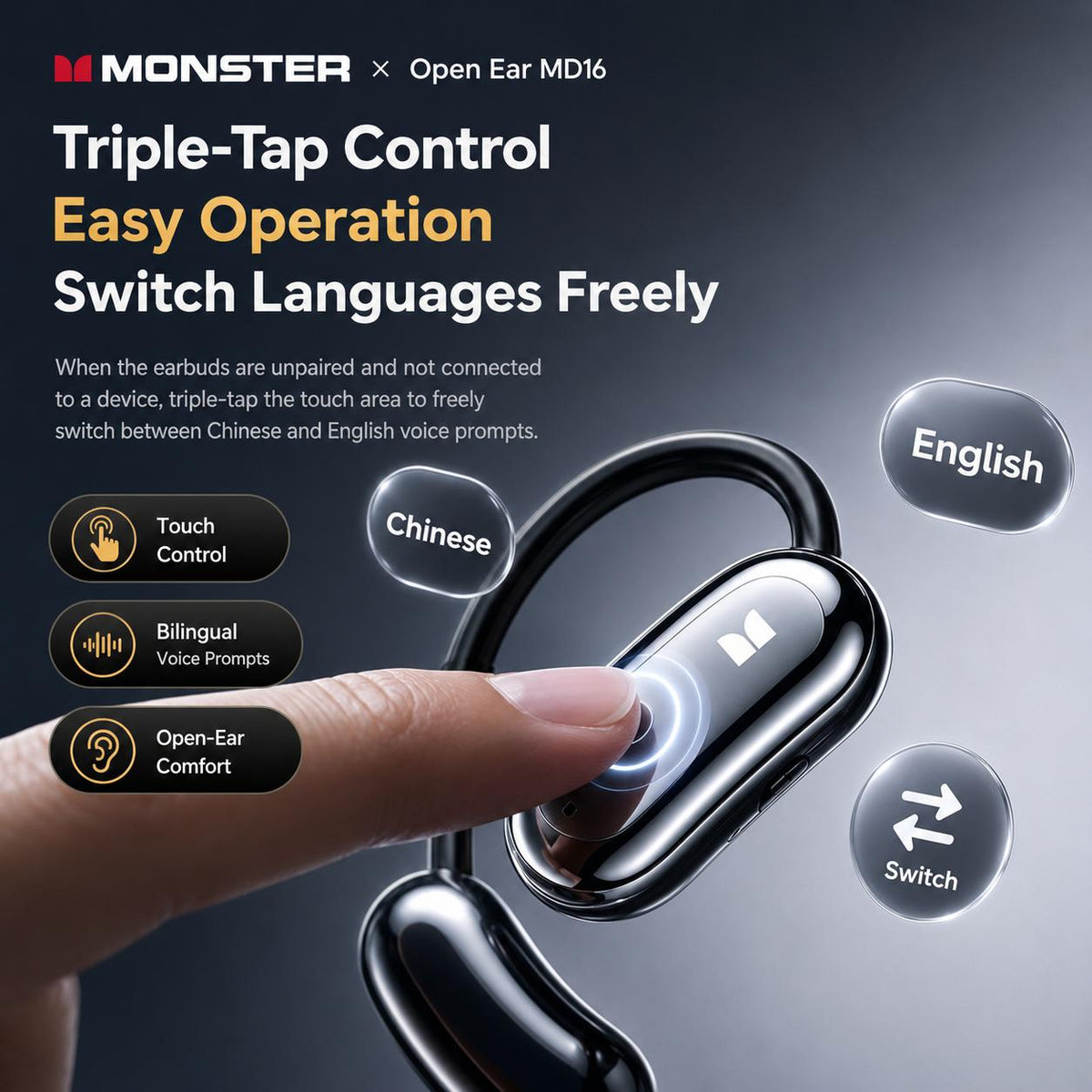 Monster MD16 Open-Ear Wireless Earbuds - Bluetooth 6.0, 30H Playtime, ENC & IPX5