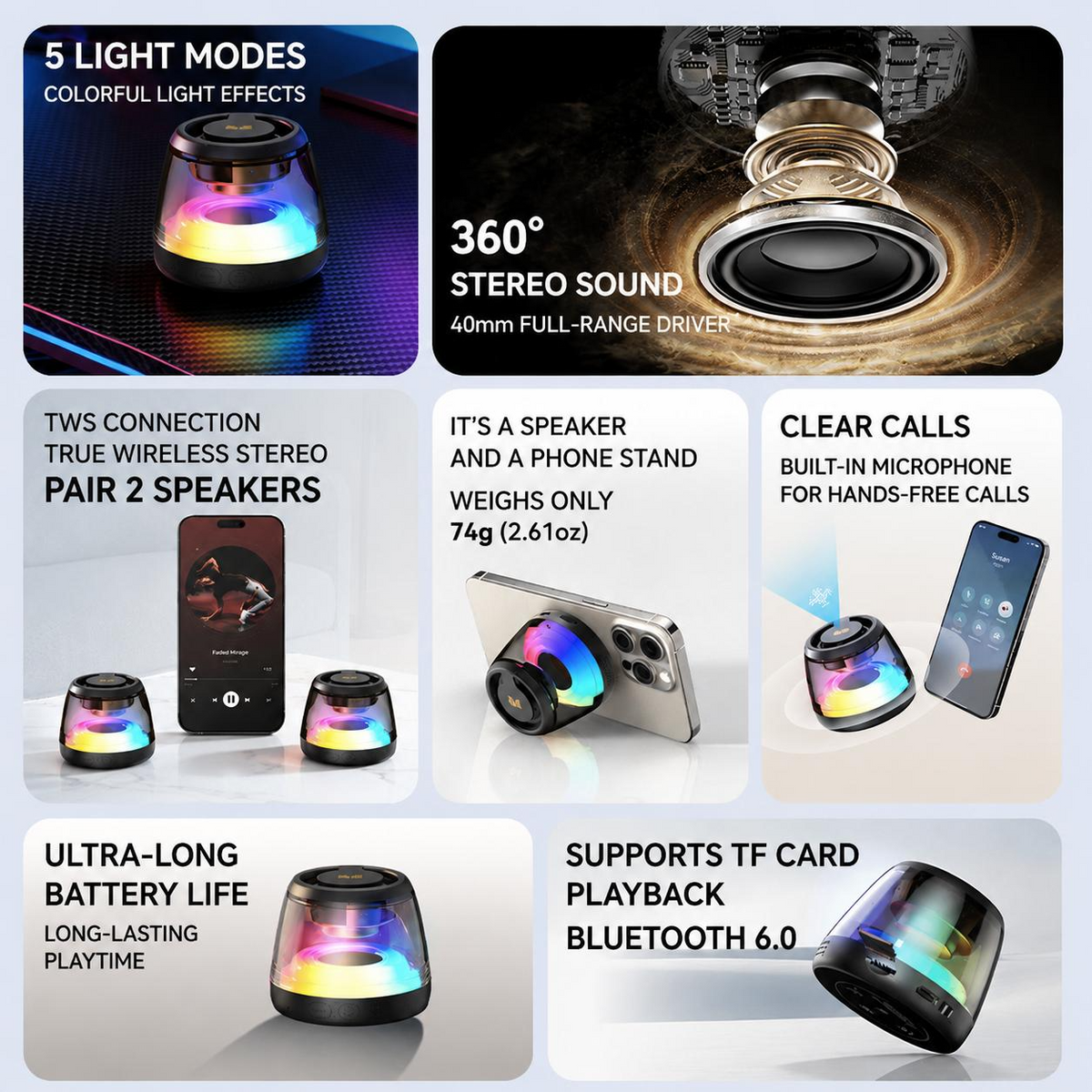 Monster Mini Wireless Speaker - Bluetooth 6.0, RGB Lights, 360° Sound, TWS & Magnetic Design