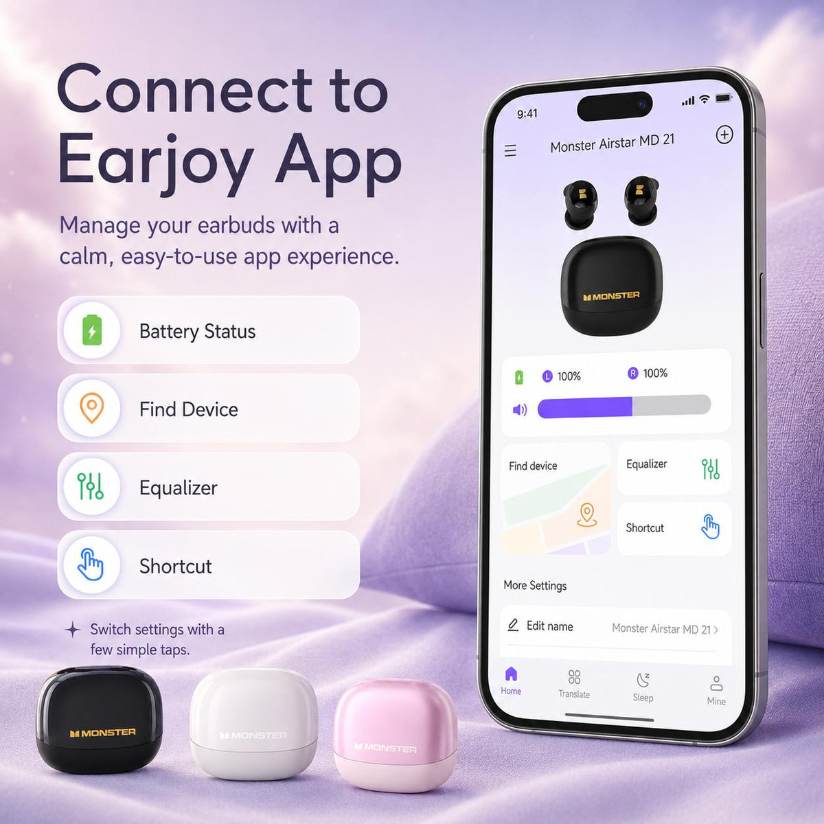 Monster MD21 Sleep Wireless Earbuds - Mini Invisible Design, Earjoy App, White Noise & Custom EQ