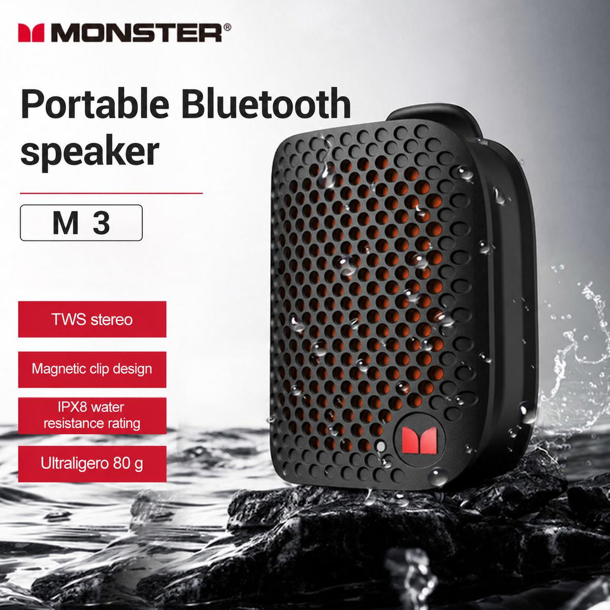 Monster M3 Portable Bluetooth Speaker - Magnetic Clip-On, TWS Stereo, IPX8 Waterproof & 80g Lightweight